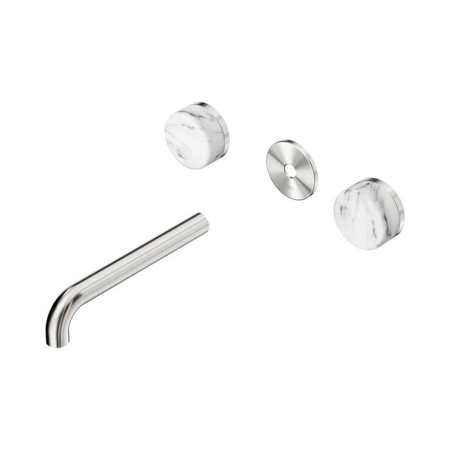 An image of Nero Tapware's Serenity Wall Basin Set 185mm Spout With Arabescato Corchia Handle Trim Kit Only Brushed Nickel