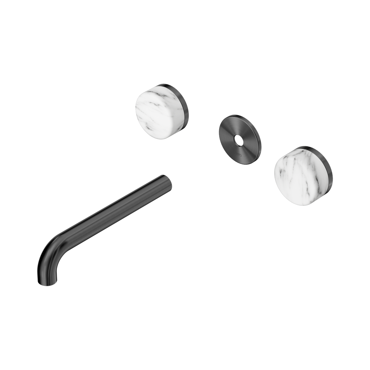 An image of Nero Tapware's Serenity Wall Basin Set 185mm Spout With Arabescato Corchia Handle Trim Kit Only Gun Metal