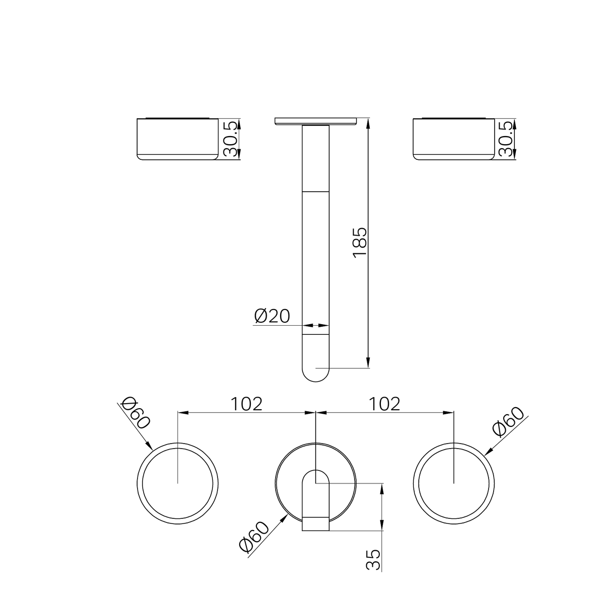 A line drawing of Nero Tapware's Serenity Wall Basin Set 185mm Spout With Metal Handle Trim Kit Only Matt Black