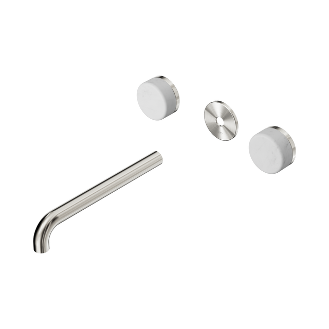 An image of Nero Tapware's Serenity Wall Basin Set 220mm Spout With Carrara Handle Trim Kit Only Brushed Nickel