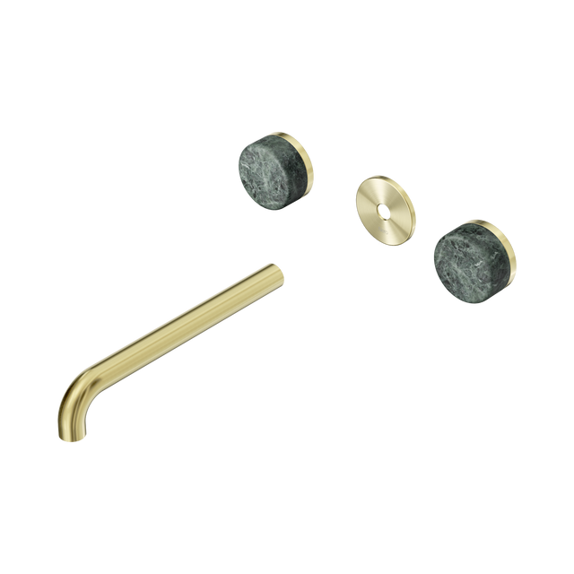 An image of Nero Tapware's Serenity Wall Basin Set 220mm Spout With Verde Alpi Handle Trim Kit Only Brushed Gold