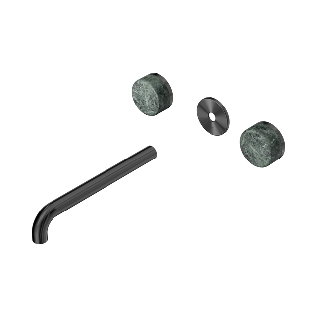 An image of Nero Tapware's Serenity Wall Basin Set 220mm Spout With Verde Alpi Handle Trim Kit Only Gun Metal