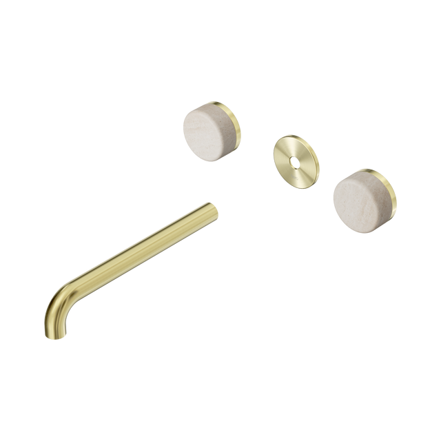 An image of Nero Tapware's Serenity Wall Basin Set 220mm Spout With Rome Travertine Handle Trim Kit Only Brushed Gold