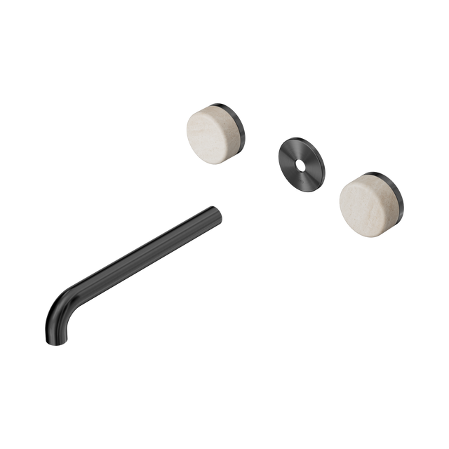 An image of Nero Tapware's Serenity Wall Basin Set 220mm Spout With Rome Travertine Handle Trim Kit Only Gun Metal
