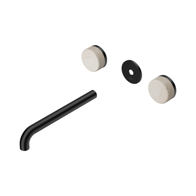 An image of Nero Tapware's Serenity Wall Basin Set 220mm Spout With Rome Travertine Handle Trim Kit Only Matt Black