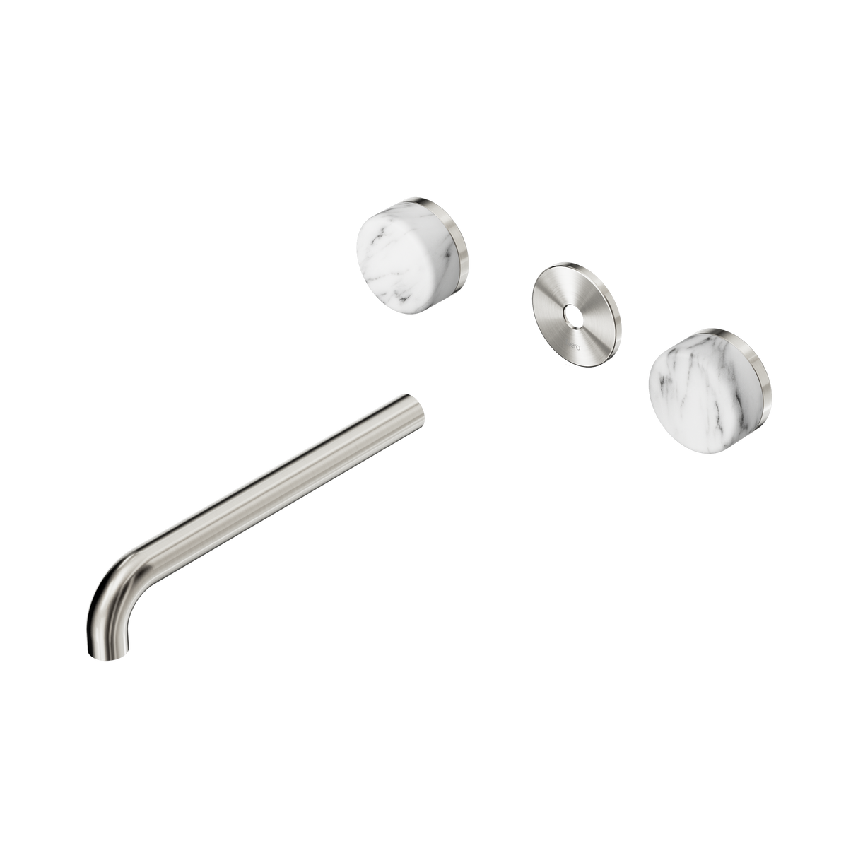 An image of Nero Tapware's Serenity Wall Basin Set 220mm Spout With Arabescato Corchia Handle Trim Kit Only Brushed Nickel