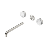 An image of Nero Tapware's Serenity Wall Basin Set 220mm Spout With Arabescato Corchia Handle Trim Kit Only Brushed Nickel
