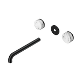 An image of Nero Tapware's Serenity Wall Basin Set 220mm Spout With Arabescato Corchia Handle Trim Kit Only Matt Black