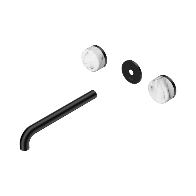 An image of Nero Tapware's Serenity Wall Basin Set 220mm Spout With Arabescato Corchia Handle Trim Kit Only Matt Black