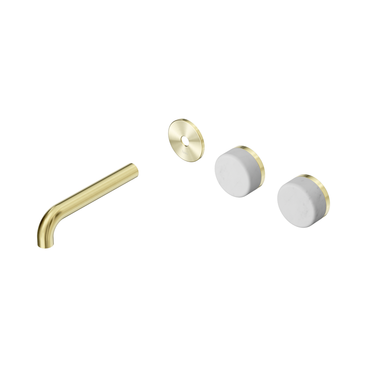 An image of Nero Tapware's Serenity Wall Basin Set 160mm Offset Spout With Carrara Handle Trim Kit Only Brushed Gold