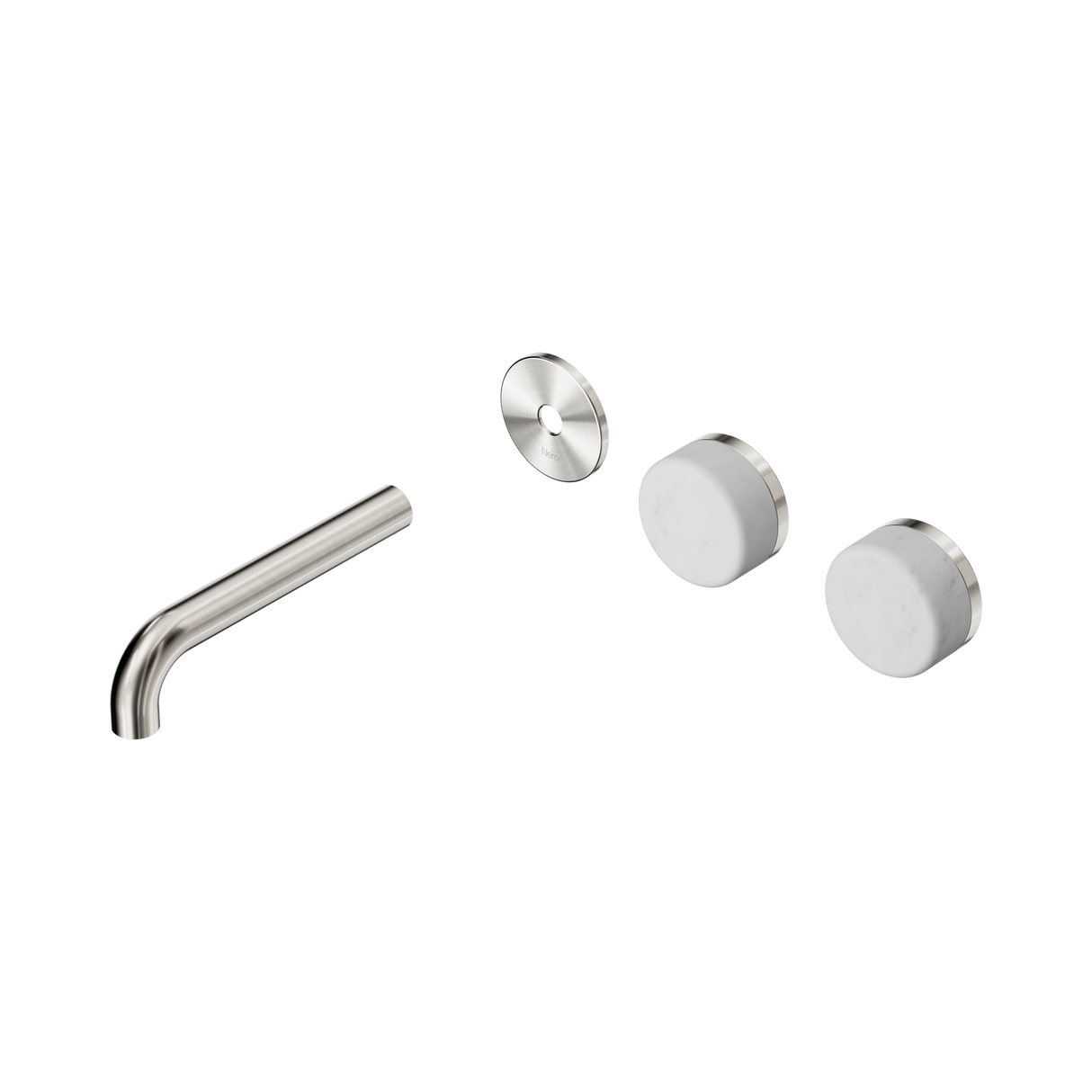 An image of Nero Tapware's Serenity Wall Basin Set 160mm Offset Spout With Carrara Handle Trim Kit Only Brushed Nickel