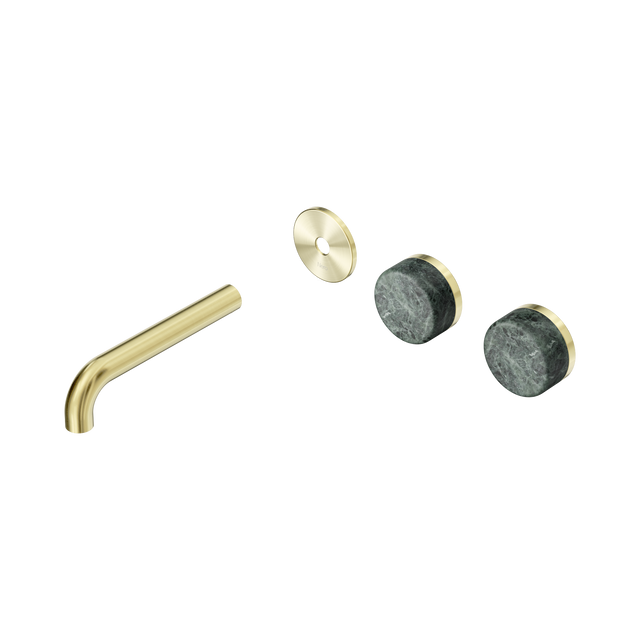 An image of Nero Tapware's Serenity Wall Basin Set 160mm Offset Spout With Verde Alpi Handle Trim Kit Only Brushed Gold