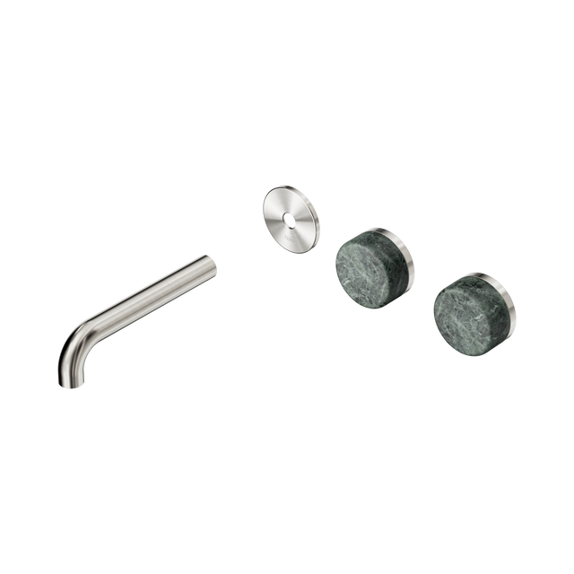 An image of Nero Tapware's Serenity Wall Basin Set 160mm Offset Spout With Verde Alpi Handle Trim Kit Only Brushed Nickel