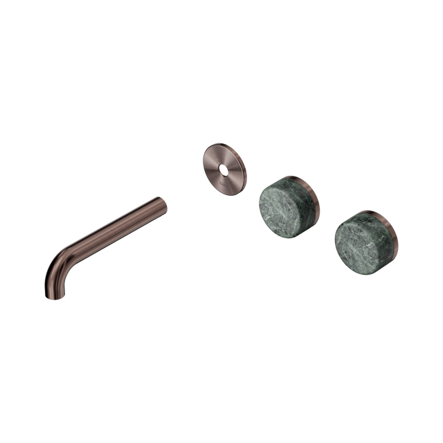 An image of Nero Tapware's Serenity Wall Basin Set 160mm Offset Spout With Verde Alpi Handle Trim Kit Only Brushed Bronze