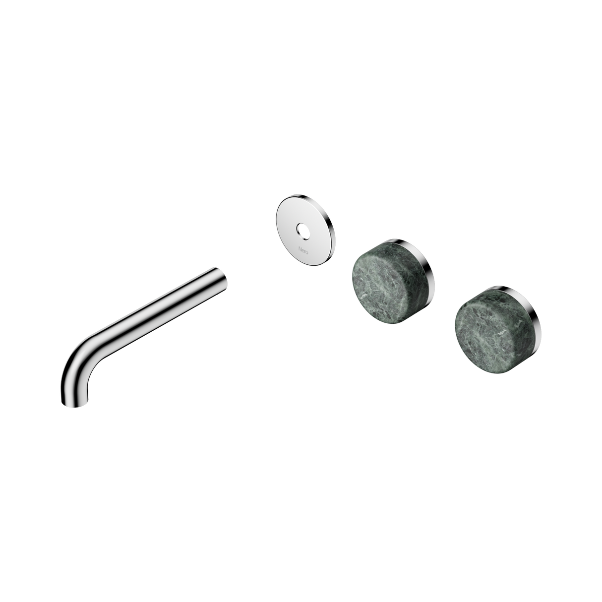 An image of Nero Tapware's Serenity Wall Basin Set 160mm Offset Spout With Verde Alpi Handle Trim Kit Only Chrome