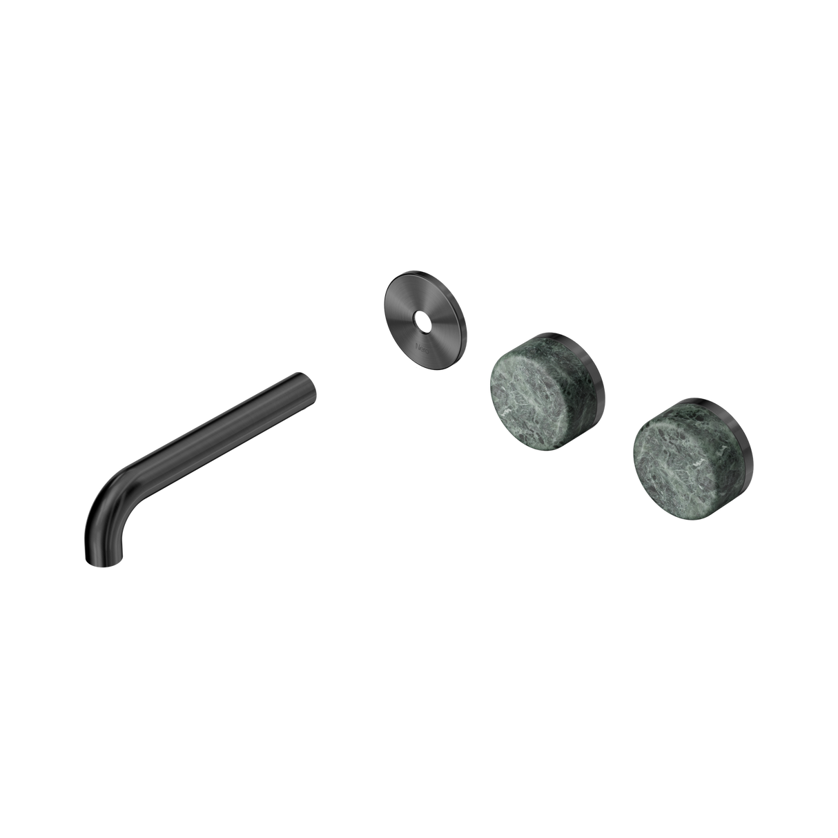 An image of Nero Tapware's Serenity Wall Basin Set 160mm Offset Spout With Verde Alpi Handle Trim Kit Only Gun Metal