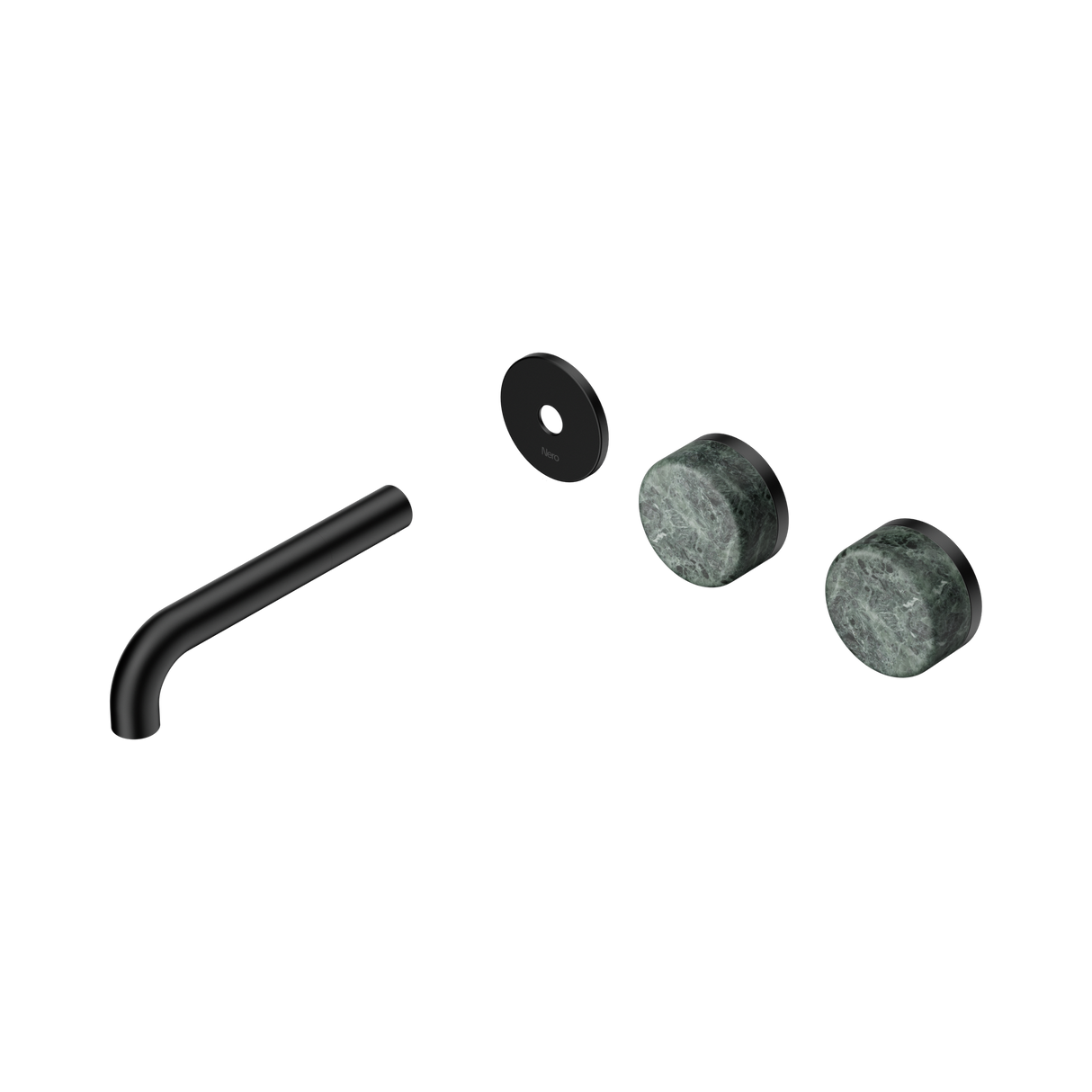 An image of Nero Tapware's Serenity Wall Basin Set 160mm Offset Spout With Verde Alpi Handle Trim Kit Only Matt Black