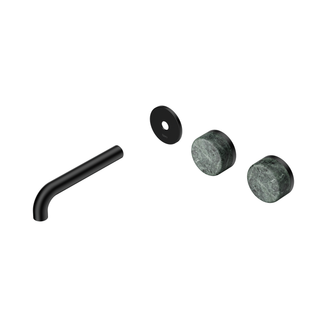 An image of Nero Tapware's Serenity Wall Basin Set 160mm Offset Spout With Verde Alpi Handle Trim Kit Only Matt Black