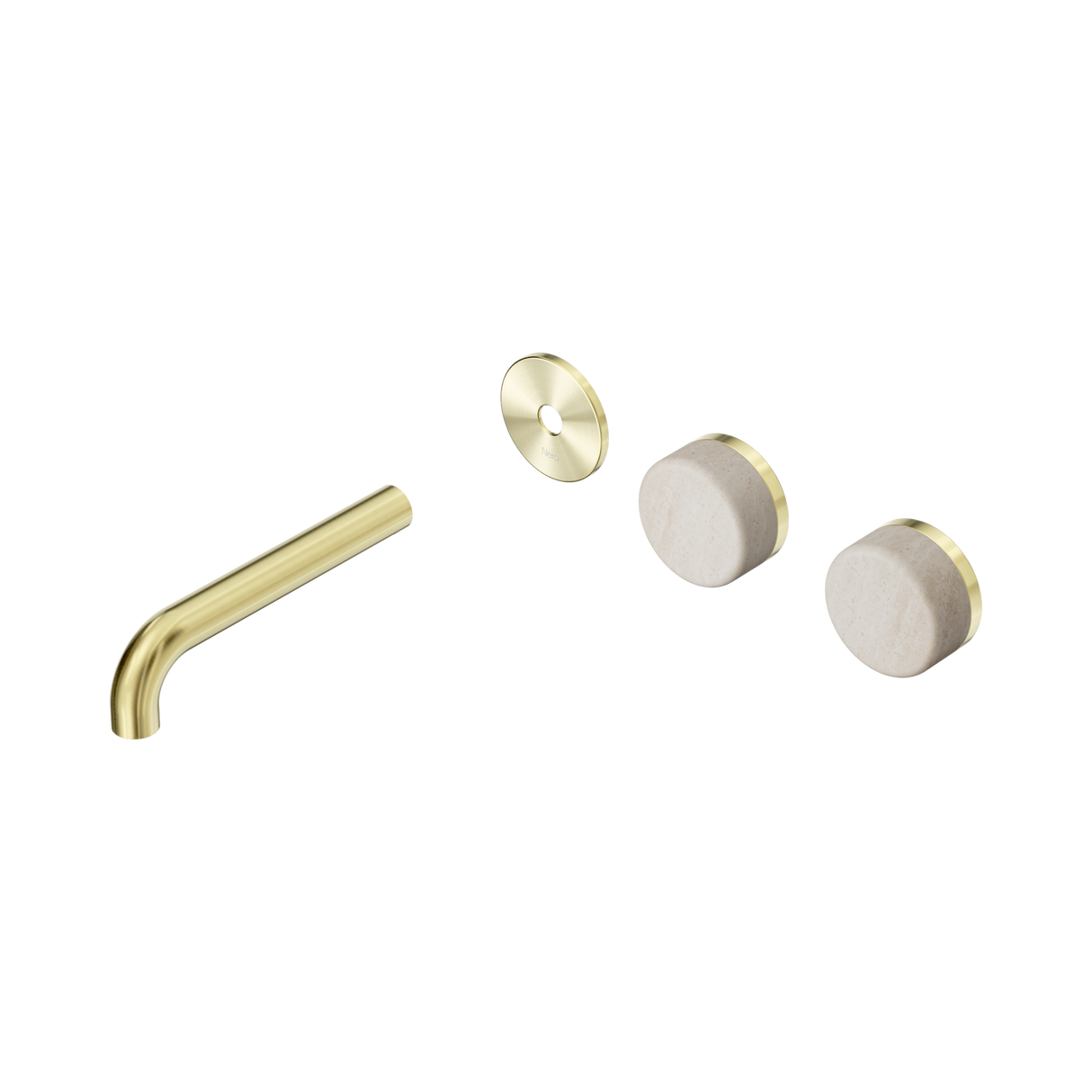 An image of Nero Tapware's Serenity Wall Basin Set 160mm Offset Spout With Rome Travertine Handle Trim Kit Only Brushed Gold