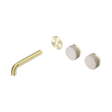 An image of Nero Tapware's Serenity Wall Basin Set 160mm Offset Spout With Rome Travertine Handle Trim Kit Only Brushed Gold