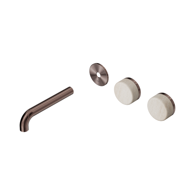 An image of Nero Tapware's Serenity Wall Basin Set 160mm Offset Spout With Rome Travertine Handle Trim Kit Only Brushed Bronze