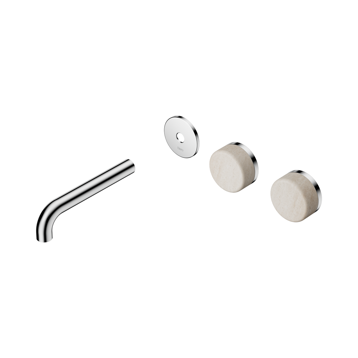 An image of Nero Tapware's Serenity Wall Basin Set 160mm Offset Spout With Rome Travertine Handle Trim Kit Only Chrome