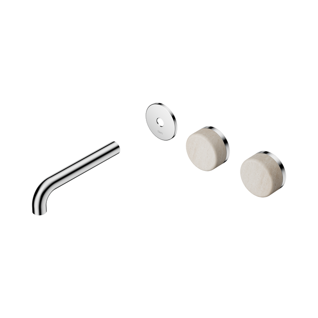 An image of Nero Tapware's Serenity Wall Basin Set 160mm Offset Spout With Rome Travertine Handle Trim Kit Only Chrome