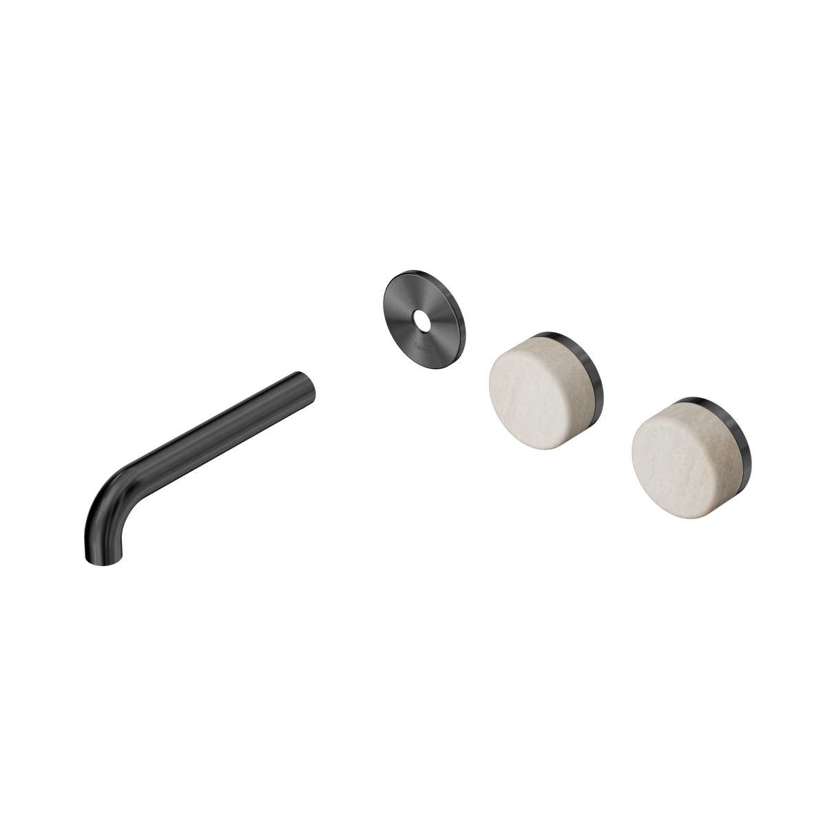 An image of Nero Tapware's Serenity Wall Basin Set 160mm Offset Spout With Rome Travertine Handle Trim Kit Only Gun Metal