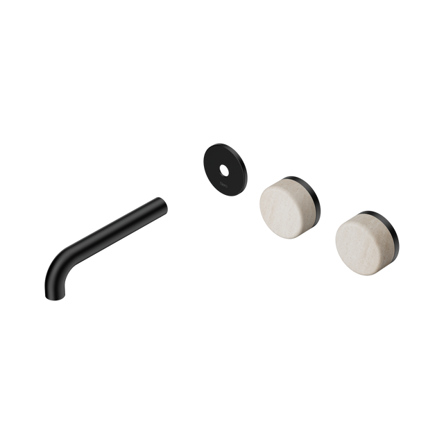 An image of Nero Tapware's Serenity Wall Basin Set 160mm Offset Spout With Rome Travertine Handle Trim Kit Only Matt Black