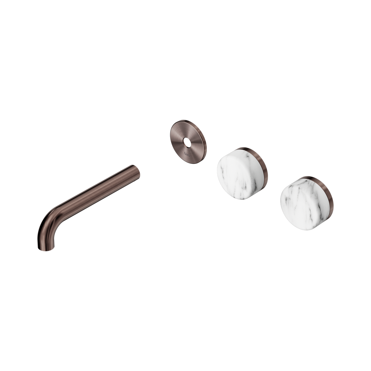 An image of Nero Tapware's Serenity Wall Basin Set 160mm Offset Spout With Arabescato Corchia Handle Trim Kit Only Brushed Bronze