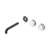 An image of Nero Tapware's Serenity Wall Basin Set 160mm Offset Spout With Arabescato Corchia Handle Trim Kit Only Gun Metal