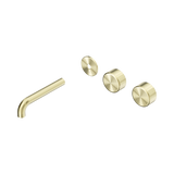 An image of Nero Tapware's Serenity Wall Basin Set 160mm Offset Spout With Metal Handle Trim Kit Only Brushed Gold