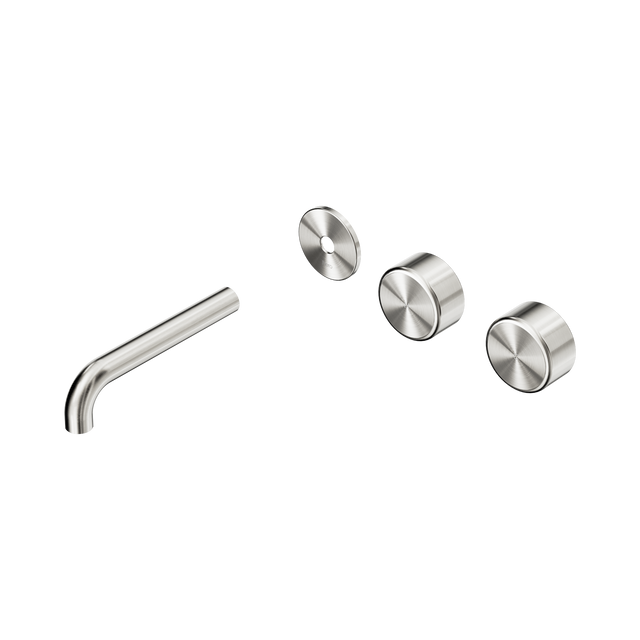 An image of Nero Tapware's Serenity Wall Basin Set 160mm Offset Spout With Metal Handle Trim Kit Only Brushed Nickel