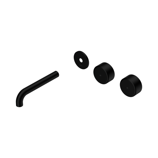 An image of Nero Tapware's Serenity Wall Basin Set 160mm Offset Spout With Metal Handle Trim Kit Only Matt Black