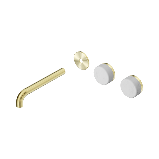 An image of Nero Tapware's Serenity Wall Basin Set 185mm Offset Spout With Carrara Handle Trim Kit Only Brushed Gold