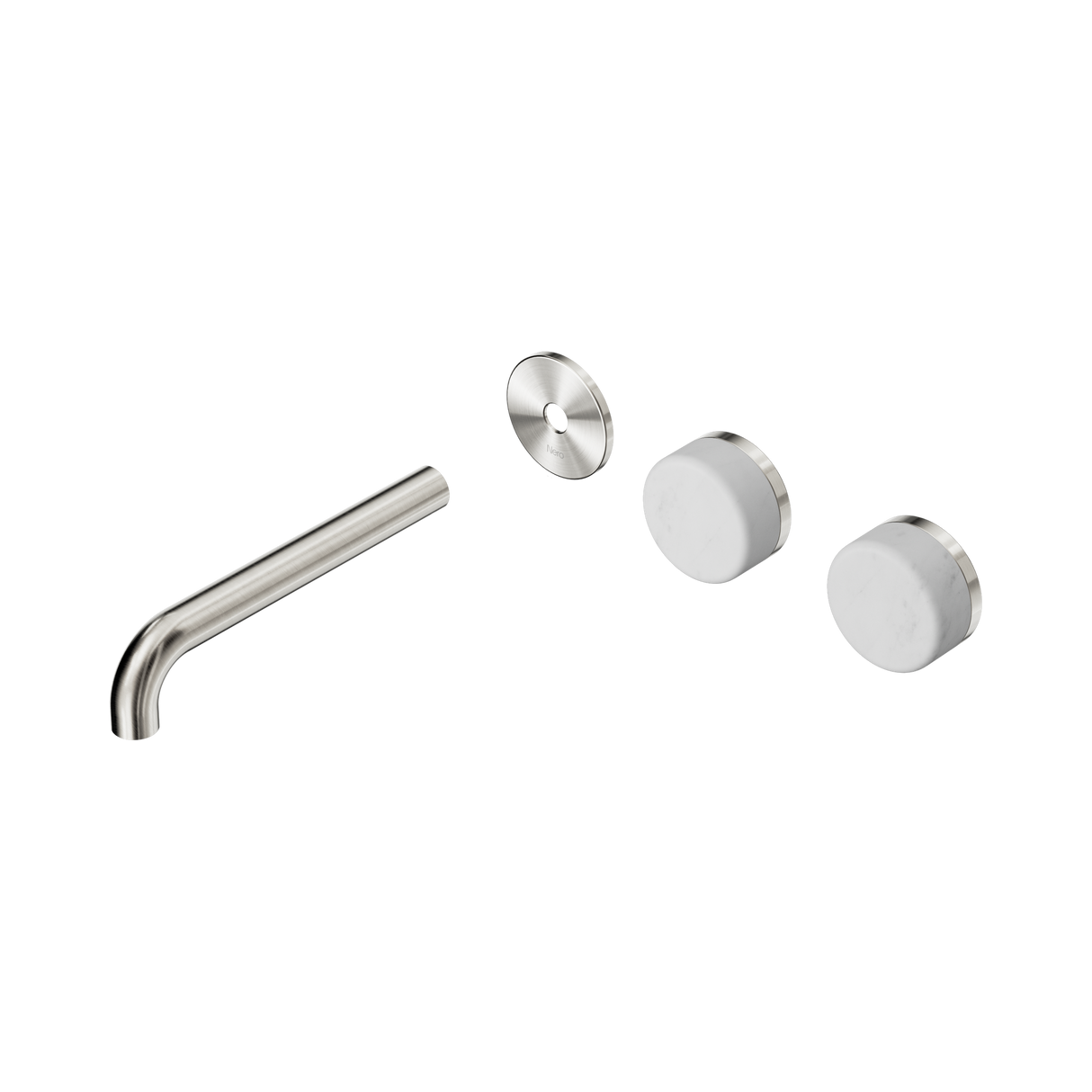 An image of Nero Tapware's Serenity Wall Basin Set 185mm Offset Spout With Carrara Handle Trim Kit Only Brushed Nickel
