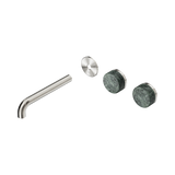 An image of Nero Tapware's Serenity Wall Basin Set 185mm Offset Spout With Verde Alpi Handle Trim Kit Only Brushed Nickel