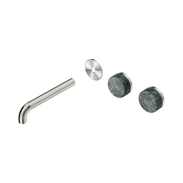 An image of Nero Tapware's Serenity Wall Basin Set 185mm Offset Spout With Verde Alpi Handle Trim Kit Only Brushed Nickel