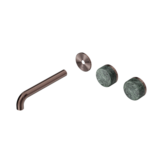 An image of Nero Tapware's Serenity Wall Basin Set 185mm Offset Spout With Verde Alpi Handle Trim Kit Only Brushed Bronze