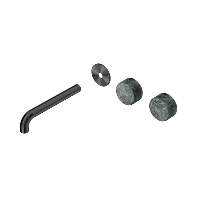 An image of Nero Tapware's Serenity Wall Basin Set 185mm Offset Spout With Verde Alpi Handle Trim Kit Only Gun Metal