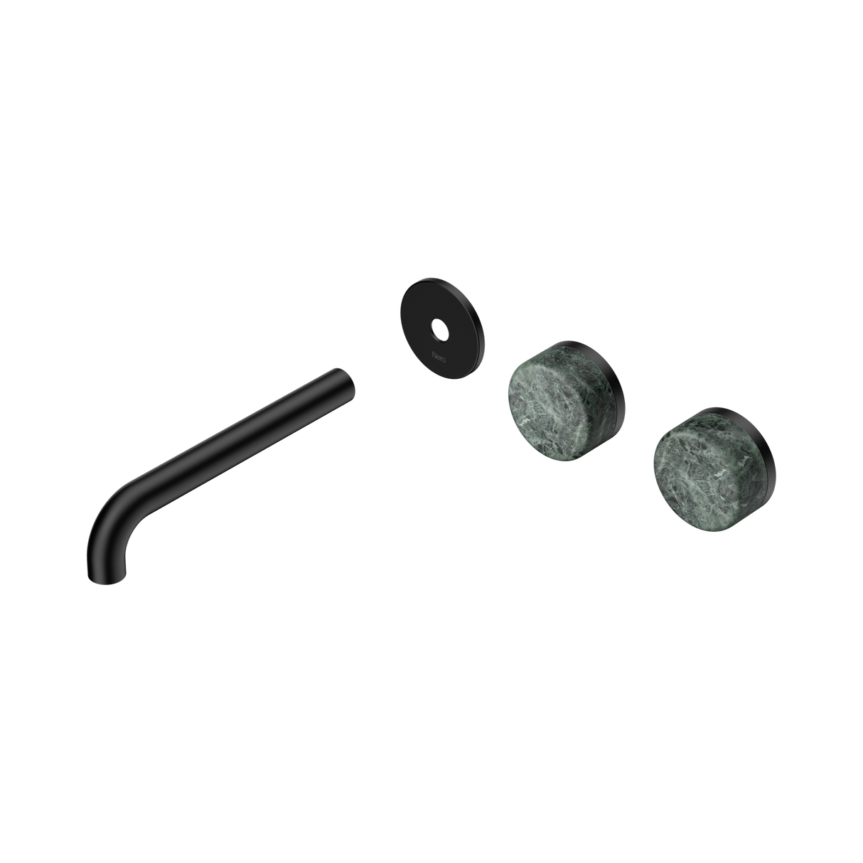 An image of Nero Tapware's Serenity Wall Basin Set 185mm Offset Spout With Verde Alpi Handle Trim Kit Only Matt Black