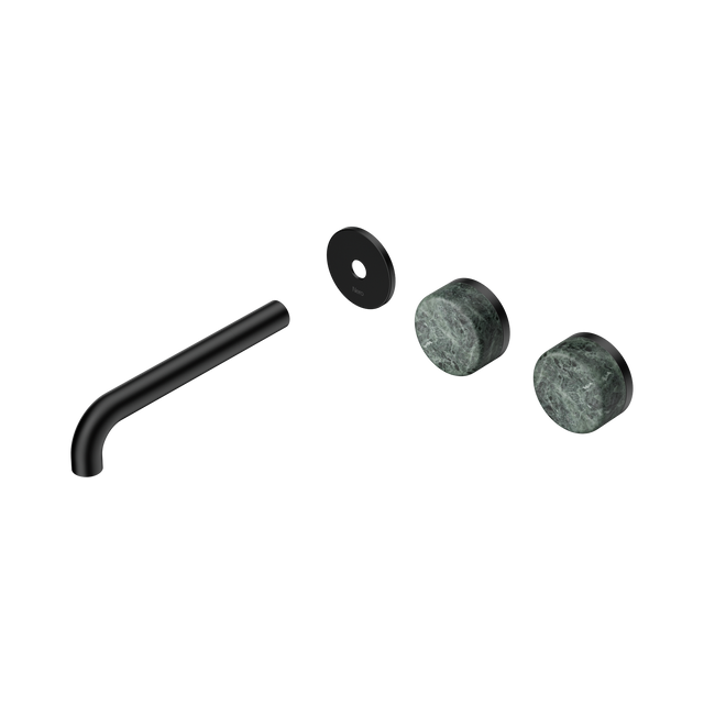 An image of Nero Tapware's Serenity Wall Basin Set 185mm Offset Spout With Verde Alpi Handle Trim Kit Only Matt Black