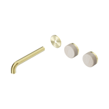 An image of Nero Tapware's Serenity Wall Basin Set 185mm Offset Spout With Rome Travertine Handle Trim Kit Only Brushed Gold