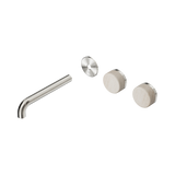 An image of Nero Tapware's Serenity Wall Basin Set 185mm Offset Spout With Rome Travertine Handle Trim Kit Only Brushed Nickel