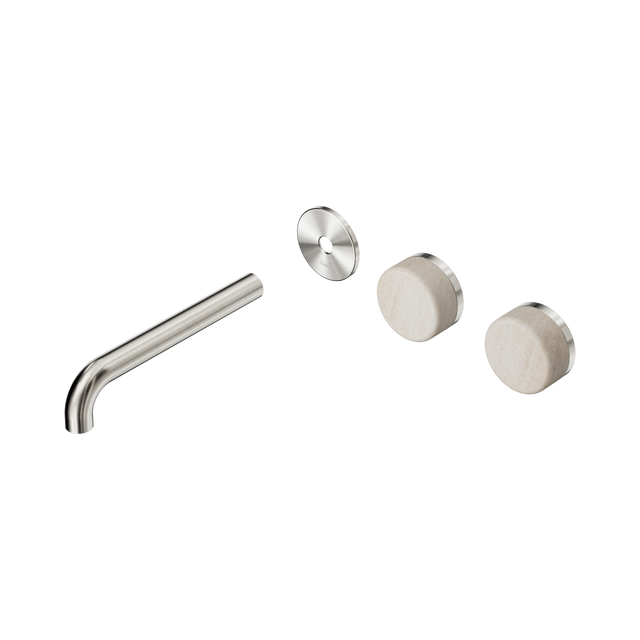 An image of Nero Tapware's Serenity Wall Basin Set 185mm Offset Spout With Rome Travertine Handle Trim Kit Only Brushed Nickel