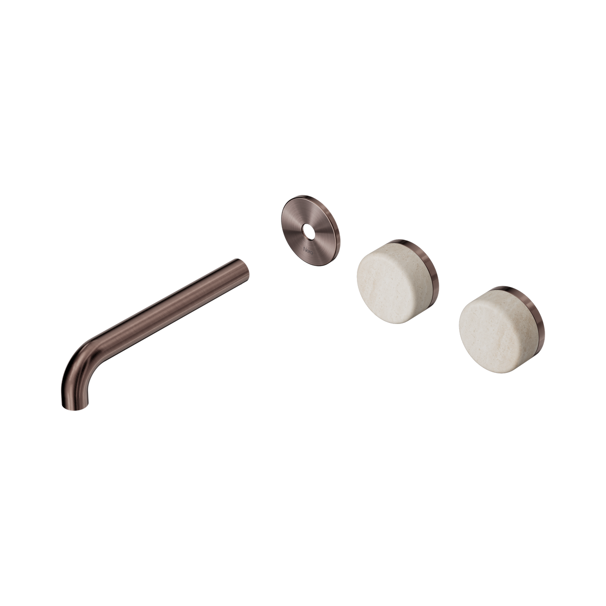An image of Nero Tapware's Serenity Wall Basin Set 185mm Offset Spout With Rome Travertine Handle Trim Kit Only Brushed Bronze