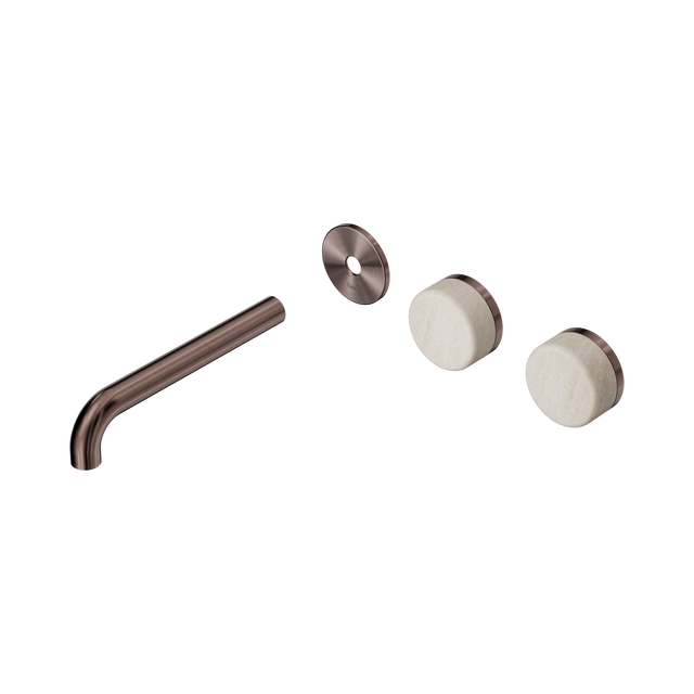 An image of Nero Tapware's Serenity Wall Basin Set 185mm Offset Spout With Rome Travertine Handle Trim Kit Only Brushed Bronze