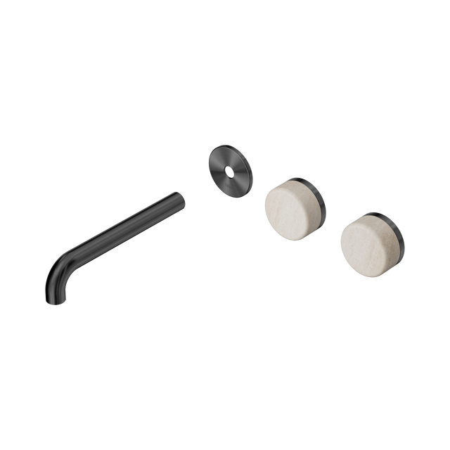 An image of Nero Tapware's Serenity Wall Basin Set 185mm Offset Spout With Rome Travertine Handle Trim Kit Only Gun Metal