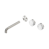 An image of Nero Tapware's Serenity Wall Basin Set 185mm Offset Spout With Arabescato Corchia Handle Trim Kit Only Brushed Nickel