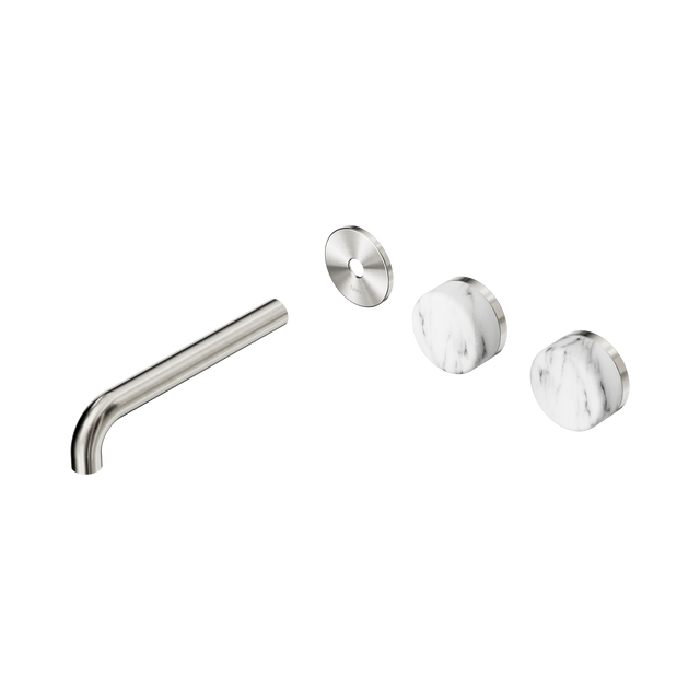 An image of Nero Tapware's Serenity Wall Basin Set 185mm Offset Spout With Arabescato Corchia Handle Trim Kit Only Brushed Nickel